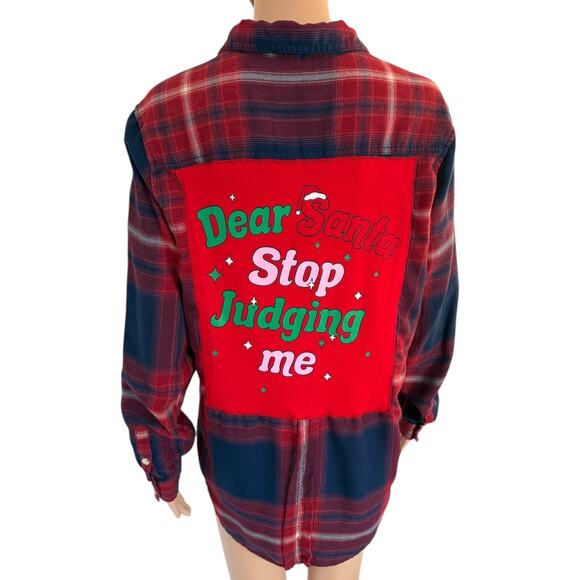 Upcycled Womens Plaid Flannel Shirt Dear Santa Stop Judging Me Christmas Holiday - Picture 1 of 6